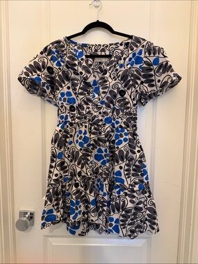 Anthropologie White, Blue & Black Leaf-Print Mini Dress